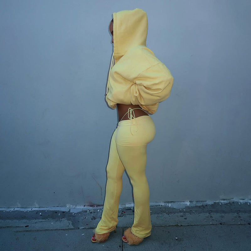 Cropped Zip-Up Hoodie and Flared Leggings Two-Piece Set