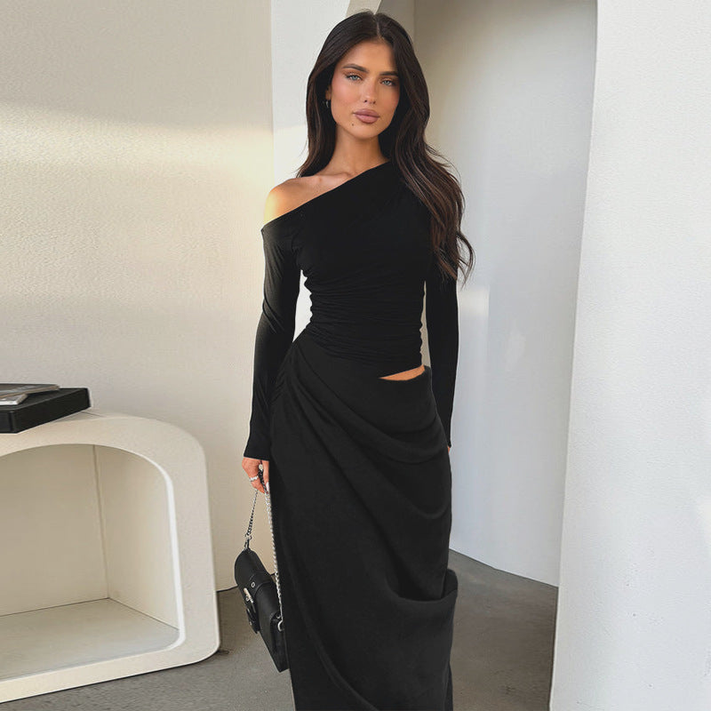 One-Shoulder Bodycon Maxi Dress with Ruched Waist Cutout