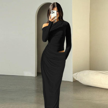 One-Shoulder Bodycon Maxi Dress with Ruched Waist Cutout