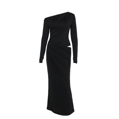 One-Shoulder Bodycon Maxi Dress with Ruched Waist Cutout