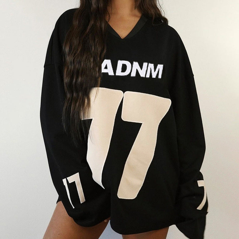 Oversized V-Neck Pullover with Graphic Number Print