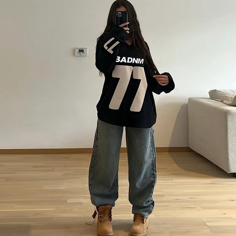 Oversized V-Neck Pullover with Graphic Number Print