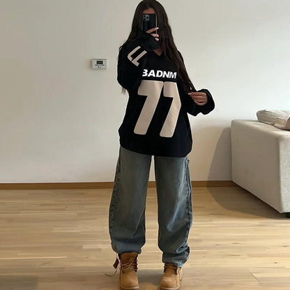Oversized V-Neck Pullover with Graphic Number Print