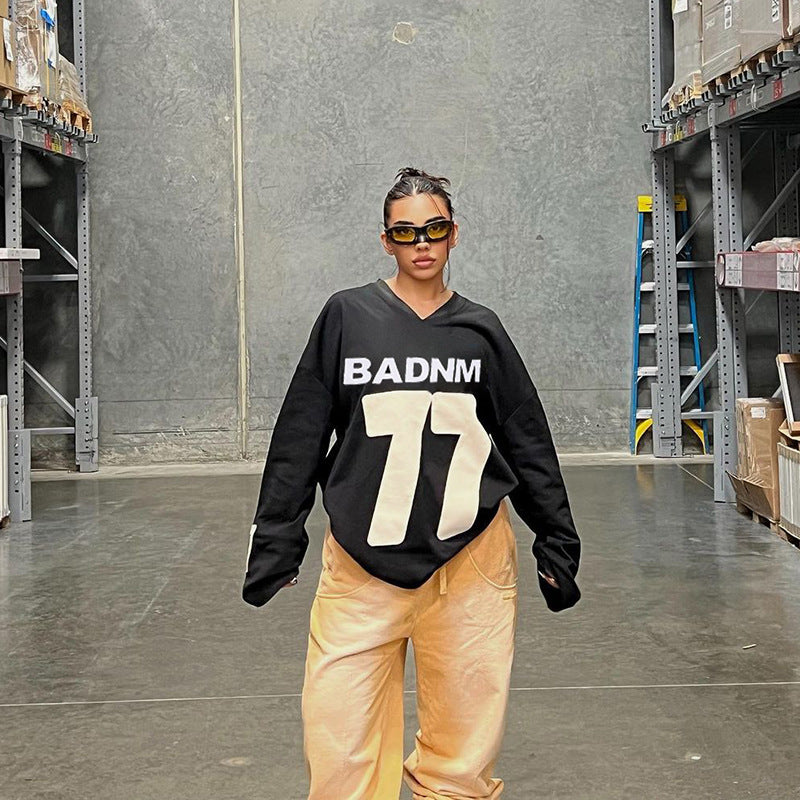 Oversized V-Neck Pullover with Graphic Number Print