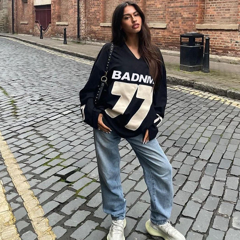 Oversized V-Neck Pullover with Graphic Number Print
