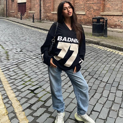 Oversized V-Neck Pullover with Graphic Number Print