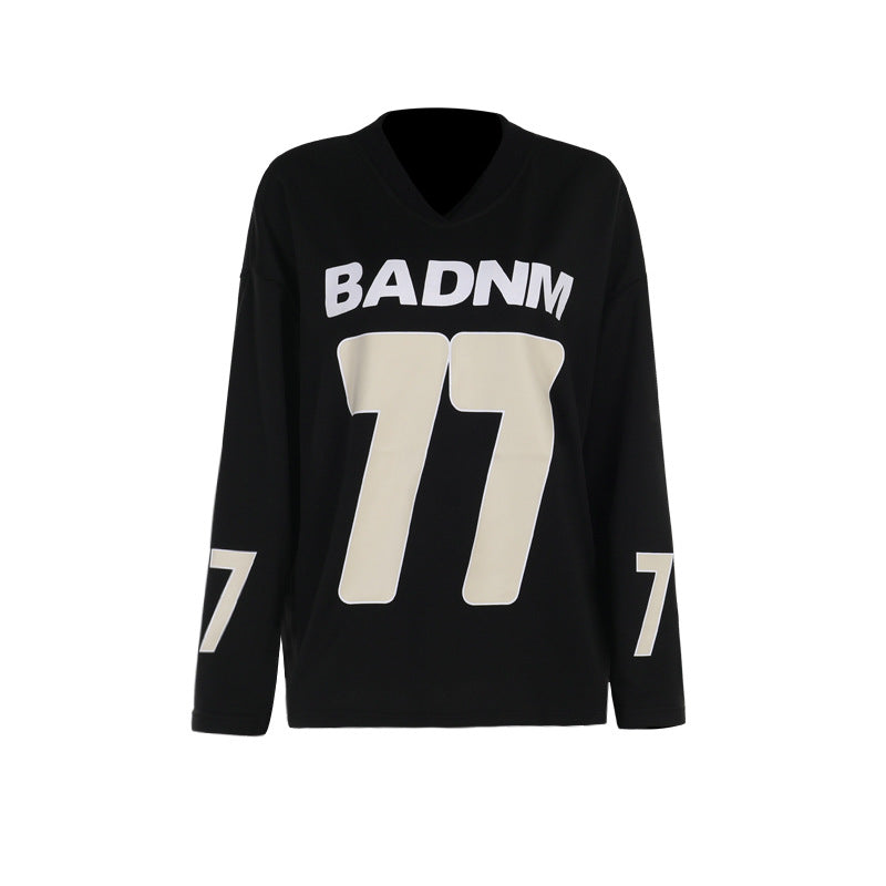 Oversized V-Neck Pullover with Graphic Number Print