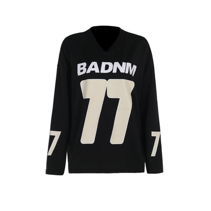 Oversized V-Neck Pullover with Graphic Number Print