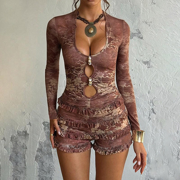Bodycon Printed Romper with Long Sleeves and Tiered Ruffles