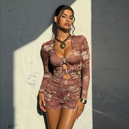 Bodycon Printed Romper with Long Sleeves and Tiered Ruffles