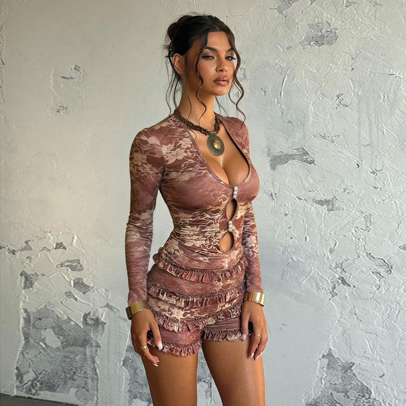 Bodycon Printed Romper with Long Sleeves and Tiered Ruffles