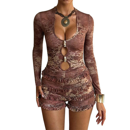 Bodycon Printed Romper with Long Sleeves and Tiered Ruffles