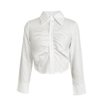 Slim Cropped Blouse with Ruched Front and Lapel Collar
