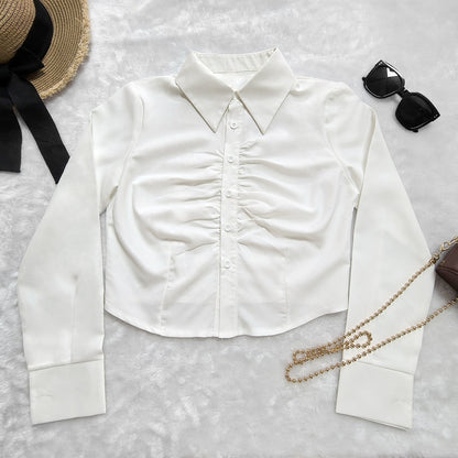 Slim Cropped Blouse with Ruched Front and Lapel Collar