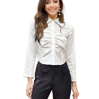Slim Cropped Blouse with Ruched Front and Lapel Collar
