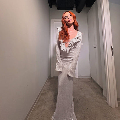 Sparkling Bodycon Maxi Dress with Ruffled V-Neck and Long Sleeves