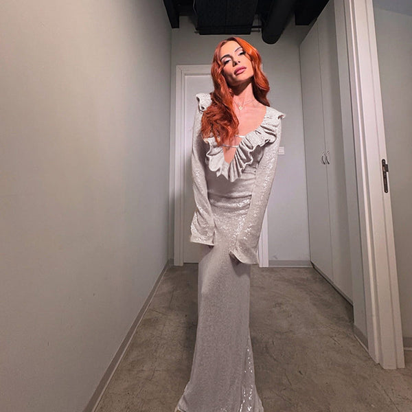 Sparkling Bodycon Maxi Dress with Ruffled V-Neck and Long Sleeves