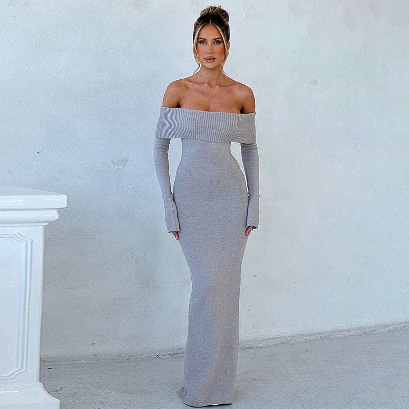 Off-the-Shoulder Bodycon Maxi Dress with Long Sleeves