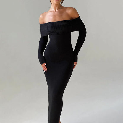 Off-the-Shoulder Bodycon Maxi Dress with Long Sleeves