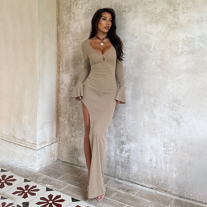 Ribbed Knit Bodycon Maxi Dress with V-Neck and High Slit