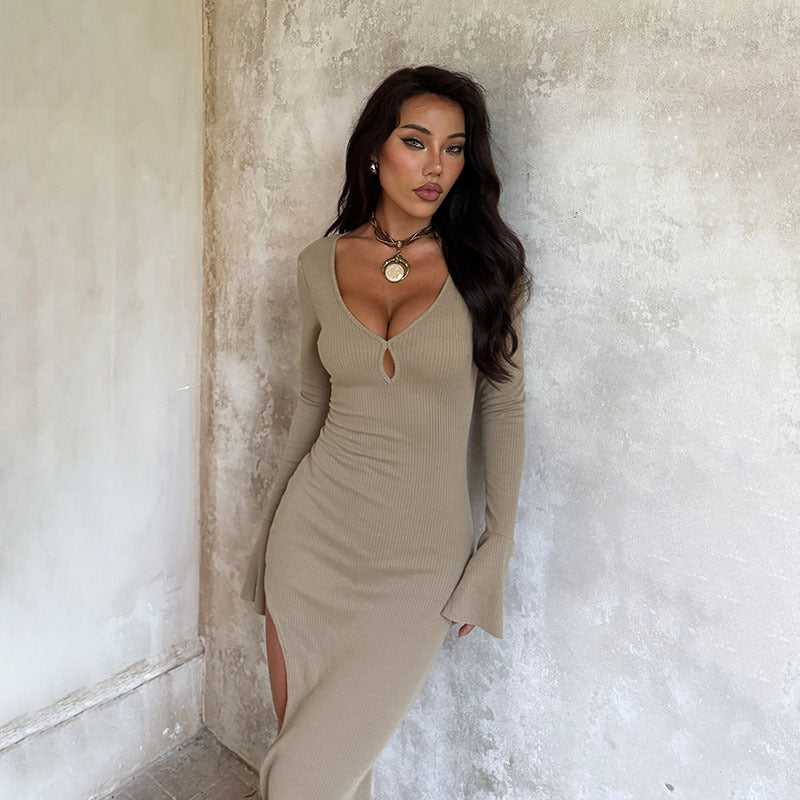 Ribbed Knit Bodycon Maxi Dress with V-Neck and High Slit