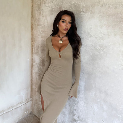 Ribbed Knit Bodycon Maxi Dress with V-Neck and High Slit