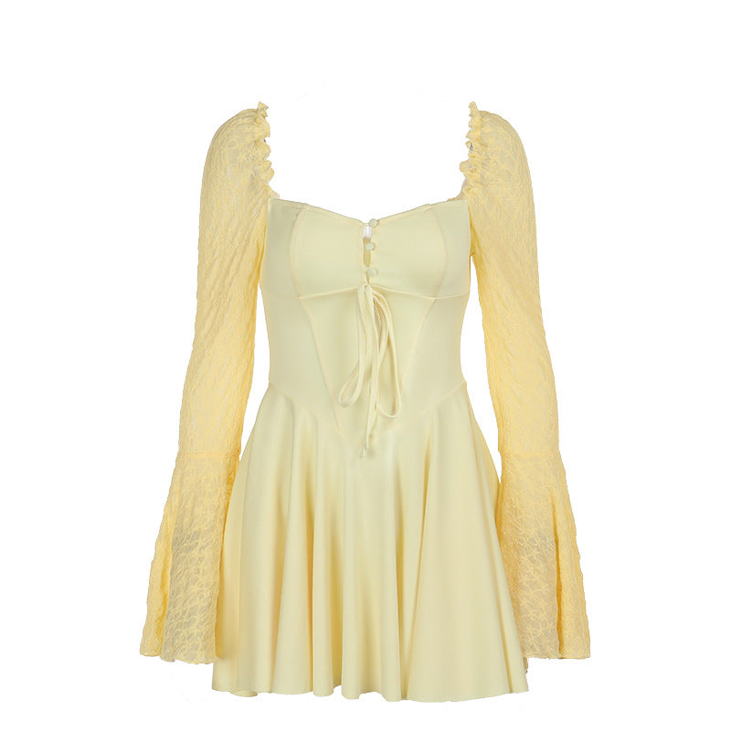 A-Line Mini Dress with Square Neck and Lace Bell Sleeves