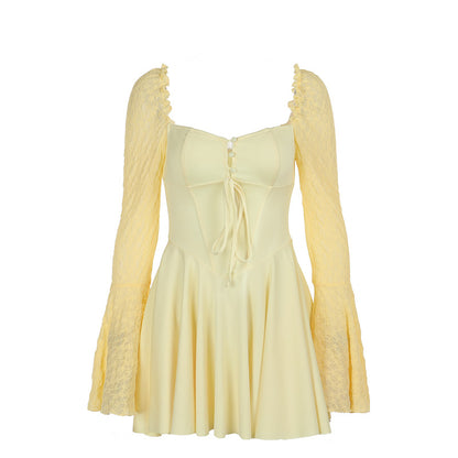 A-Line Mini Dress with Square Neck and Lace Bell Sleeves