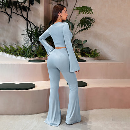 Solid Ribbed Two-Piece Set with Bell Sleeves and Flared Pants