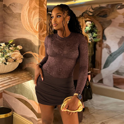 Lace Patchwork Bodycon Mini Dress with Ruched Skirt