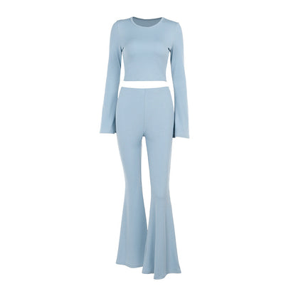 Solid Ribbed Two-Piece Set with Bell Sleeves and Flared Pants