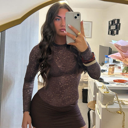 Lace Patchwork Bodycon Mini Dress with Ruched Skirt