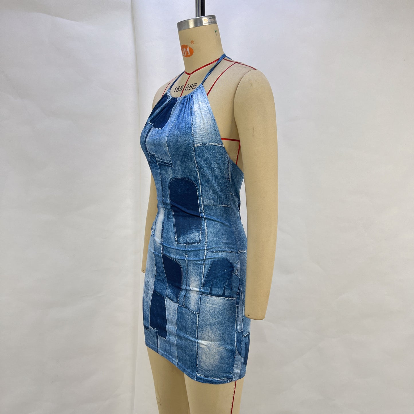 Denim Patchwork Print Bodycon Mini Dress with Halter Neck