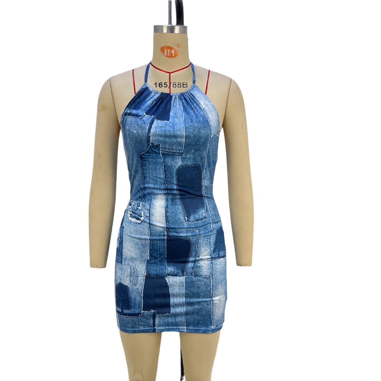 Denim Patchwork Print Bodycon Mini Dress with Halter Neck