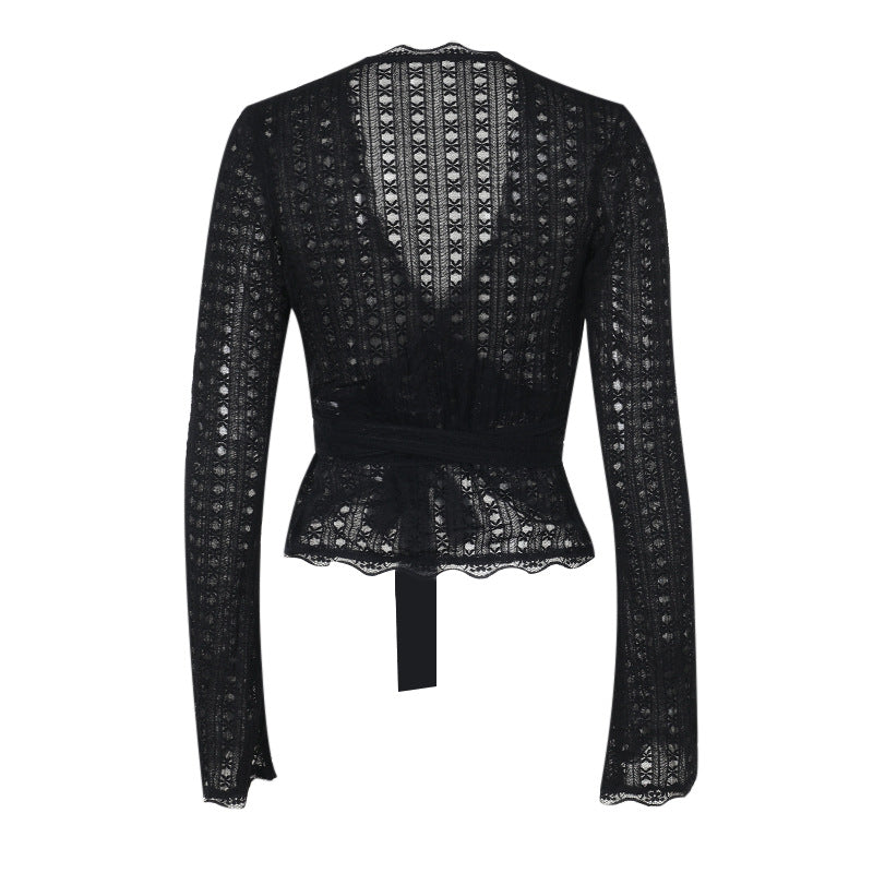 Hollow-Out Lace Wrap Top with V-Neck and Tie Waist