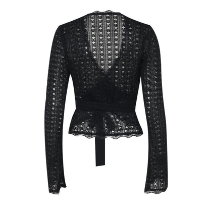 Hollow-Out Lace Wrap Top with V-Neck and Tie Waist