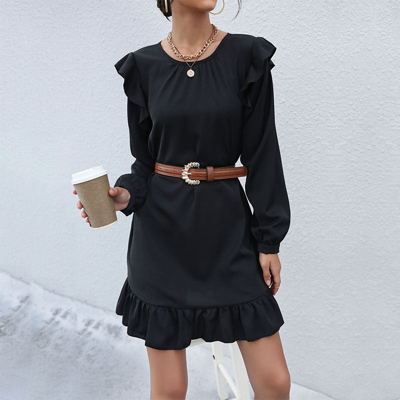 Solid A-Line Mini Dress with Ruffled Shoulders and Flounce Hem