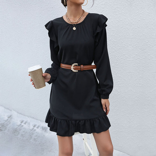 Solid A-Line Mini Dress with Ruffled Shoulders and Flounce Hem