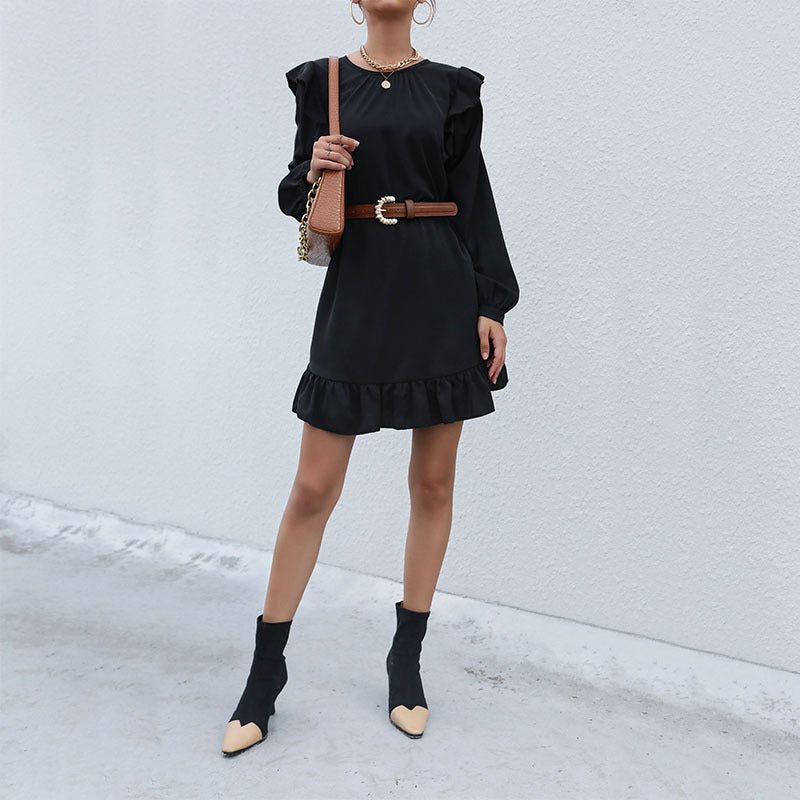 Solid A-Line Mini Dress with Ruffled Shoulders and Flounce Hem