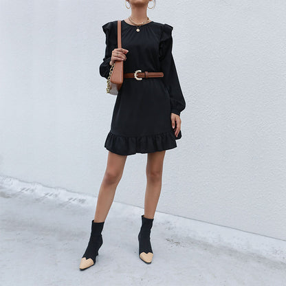 Solid A-Line Mini Dress with Ruffled Shoulders and Flounce Hem