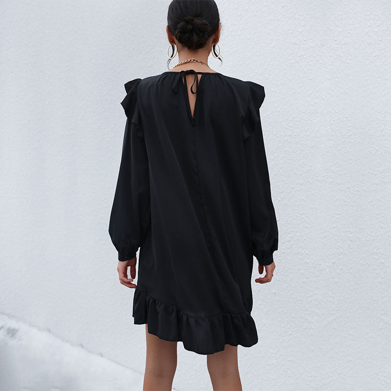 Solid A-Line Mini Dress with Ruffled Shoulders and Flounce Hem