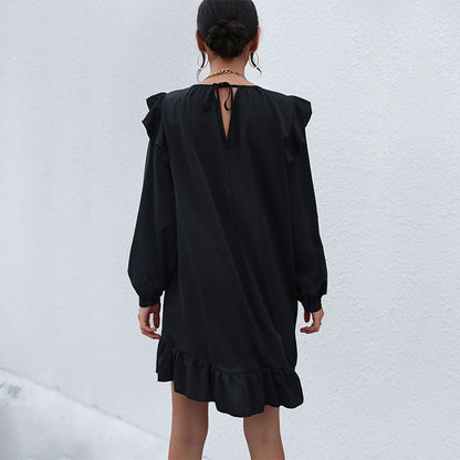 Solid A-Line Mini Dress with Ruffled Shoulders and Flounce Hem