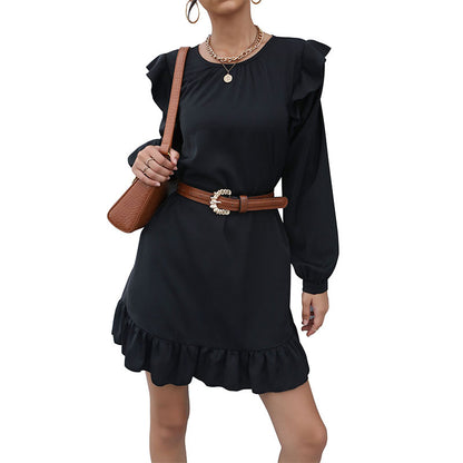 Solid A-Line Mini Dress with Ruffled Shoulders and Flounce Hem