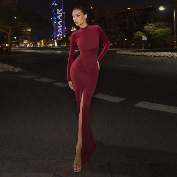 Long-Sleeve Bodycon Maxi Dress with Ruched Waist and High Slit