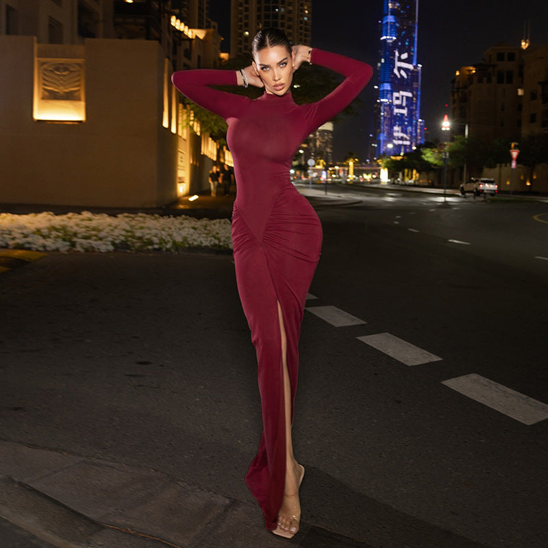 Long-Sleeve Bodycon Maxi Dress with Ruched Waist and High Slit