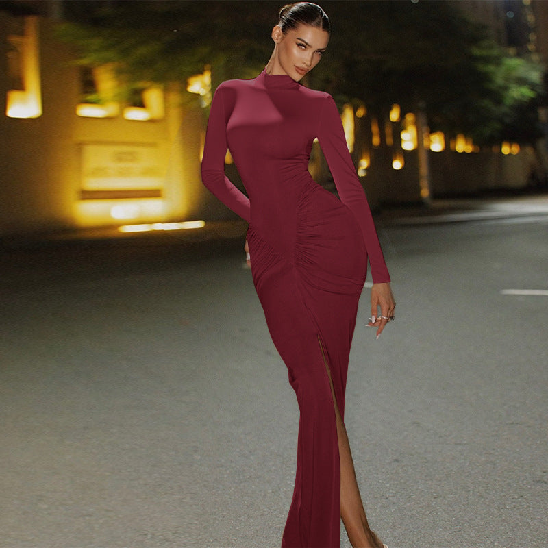 Long-Sleeve Bodycon Maxi Dress with Ruched Waist and High Slit