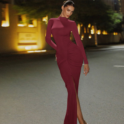 Long-Sleeve Bodycon Maxi Dress with Ruched Waist and High Slit