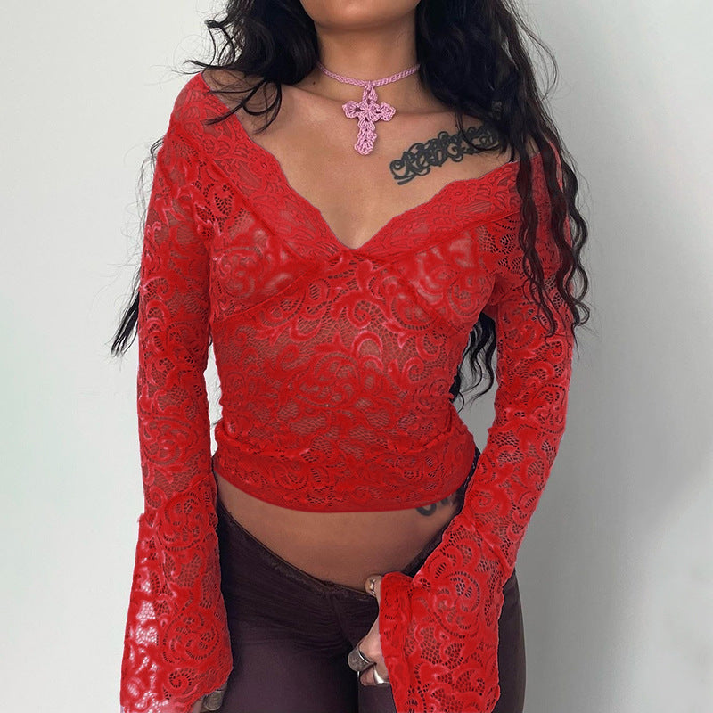Cropped Jacquard Lace Top with V-Neck and Flare Sleeves