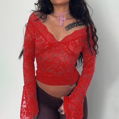 Cropped Jacquard Lace Top with V-Neck and Flare Sleeves