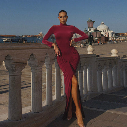 Long-Sleeve Bodycon Maxi Dress with Ruched Waist and High Slit